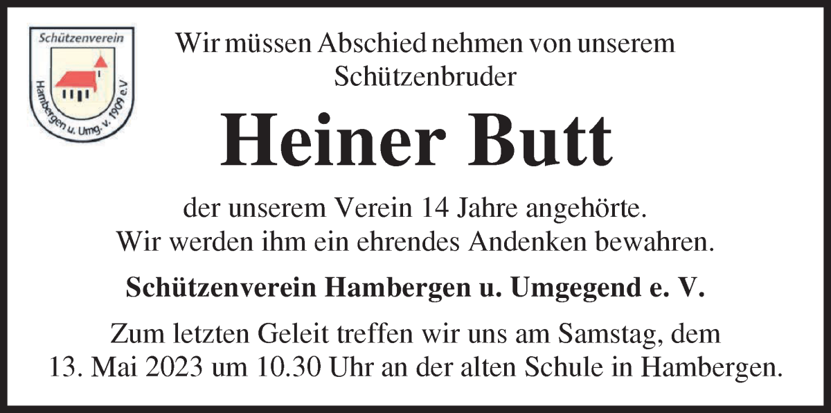  Traueranzeige für Heiner Butt vom 10.05.2023 aus Osterholzer Kreisblatt