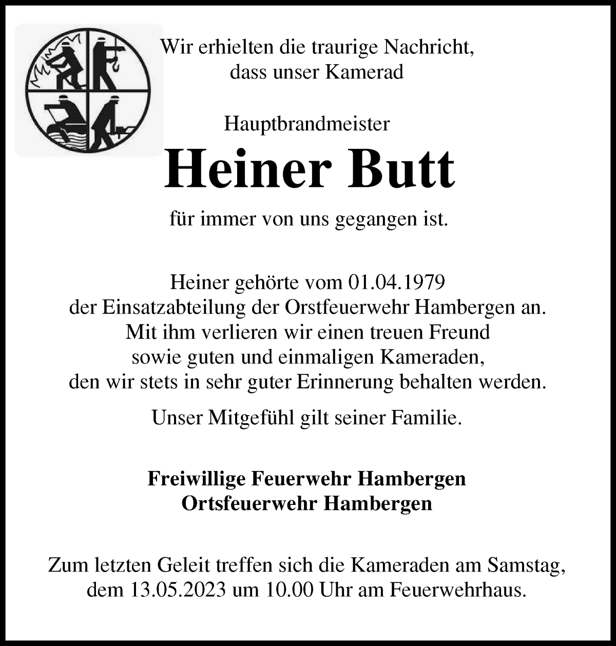  Traueranzeige für Heiner Butt vom 10.05.2023 aus Osterholzer Kreisblatt