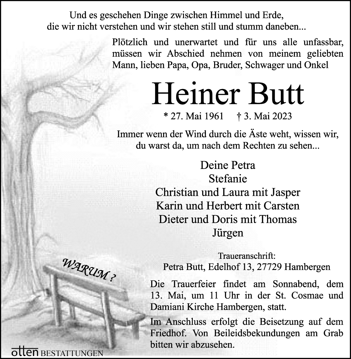  Traueranzeige für Heiner Butt vom 09.05.2023 aus Osterholzer Kreisblatt