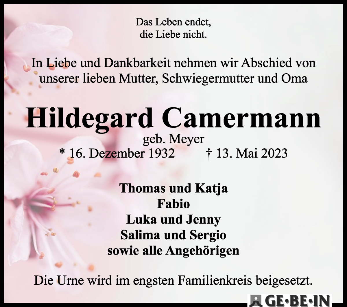 Traueranzeige von Hildegard Camermann von WESER-KURIER