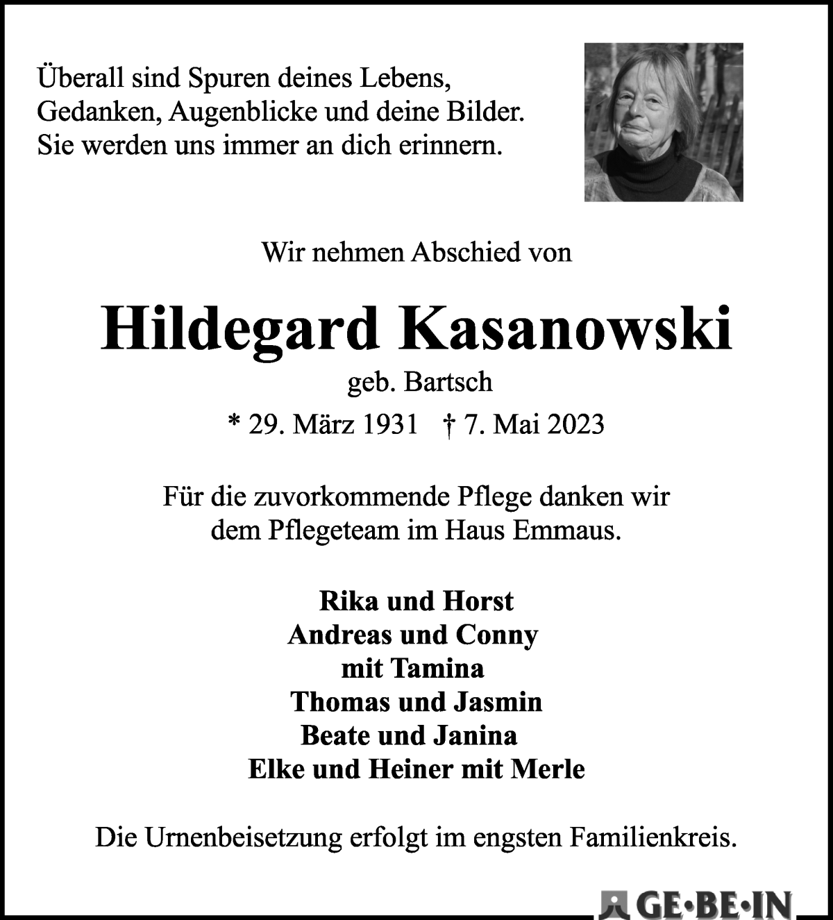 Traueranzeige von Hildegard Kasanowski von WESER-KURIER