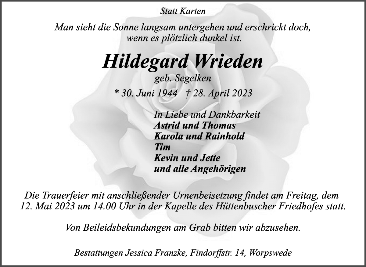  Traueranzeige für Hildegard Wrieden vom 06.05.2023 aus Wuemme Zeitung