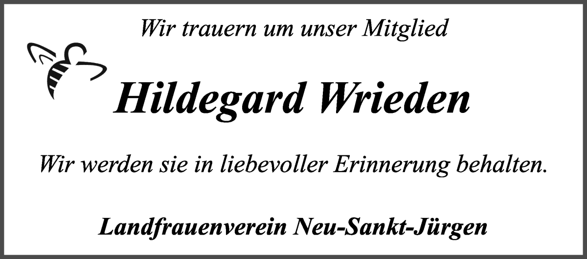  Traueranzeige für Hildegard Wrieden vom 06.05.2023 aus Wuemme Zeitung