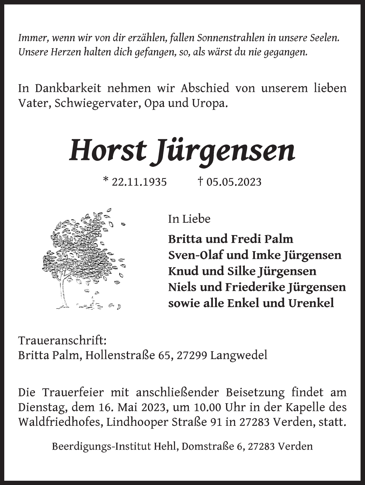 Traueranzeigen Von Horst Jürgensen Trauer And Gedenken 