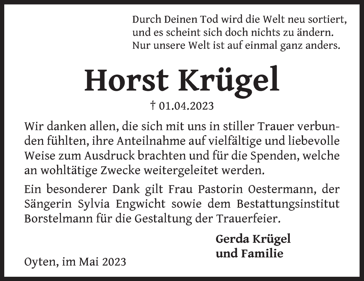  Traueranzeige für Horst Krügel vom 13.05.2023 aus WESER-KURIER