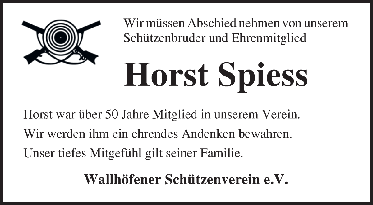  Traueranzeige für Horst Spiess vom 26.05.2023 aus Osterholzer Kreisblatt
