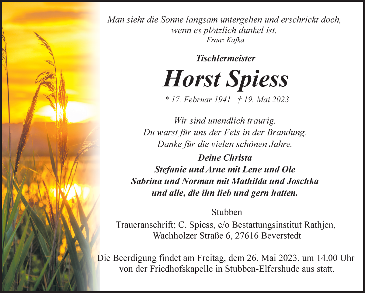  Traueranzeige für Horst Spiess vom 25.05.2023 aus Osterholzer Kreisblatt