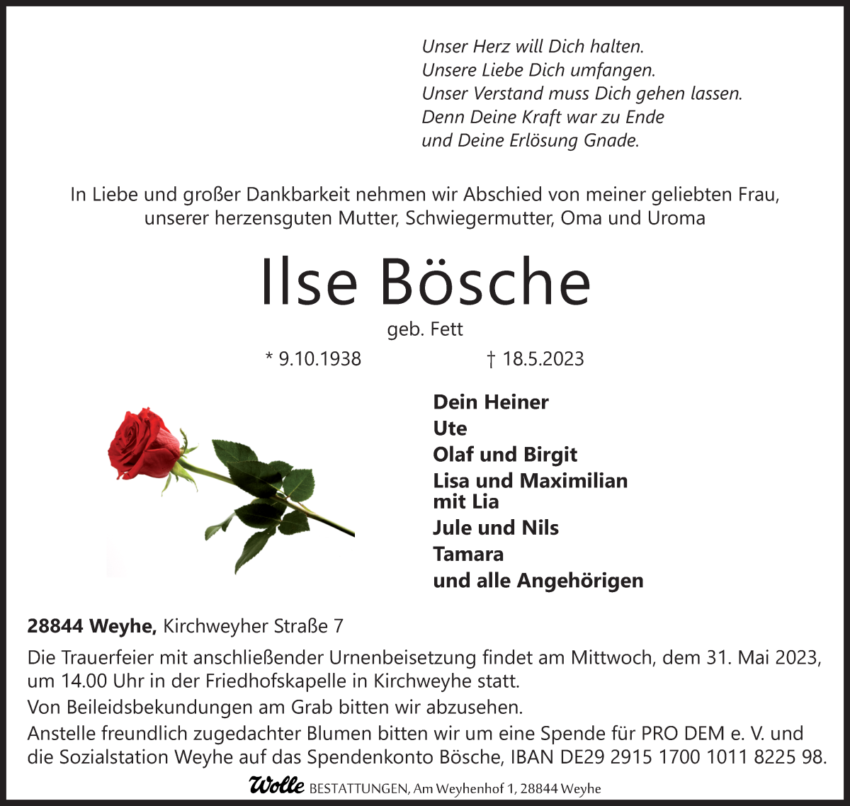  Traueranzeige für Ilse Bösche vom 23.05.2023 aus Regionale Rundschau/Syker Kurier
