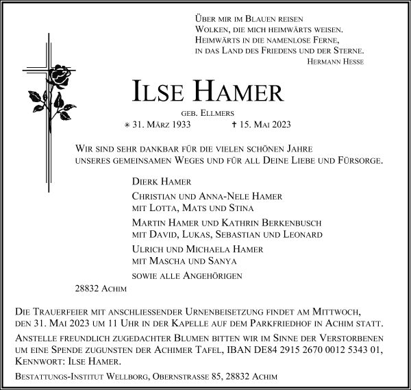 Traueranzeige von Ilse Hamer