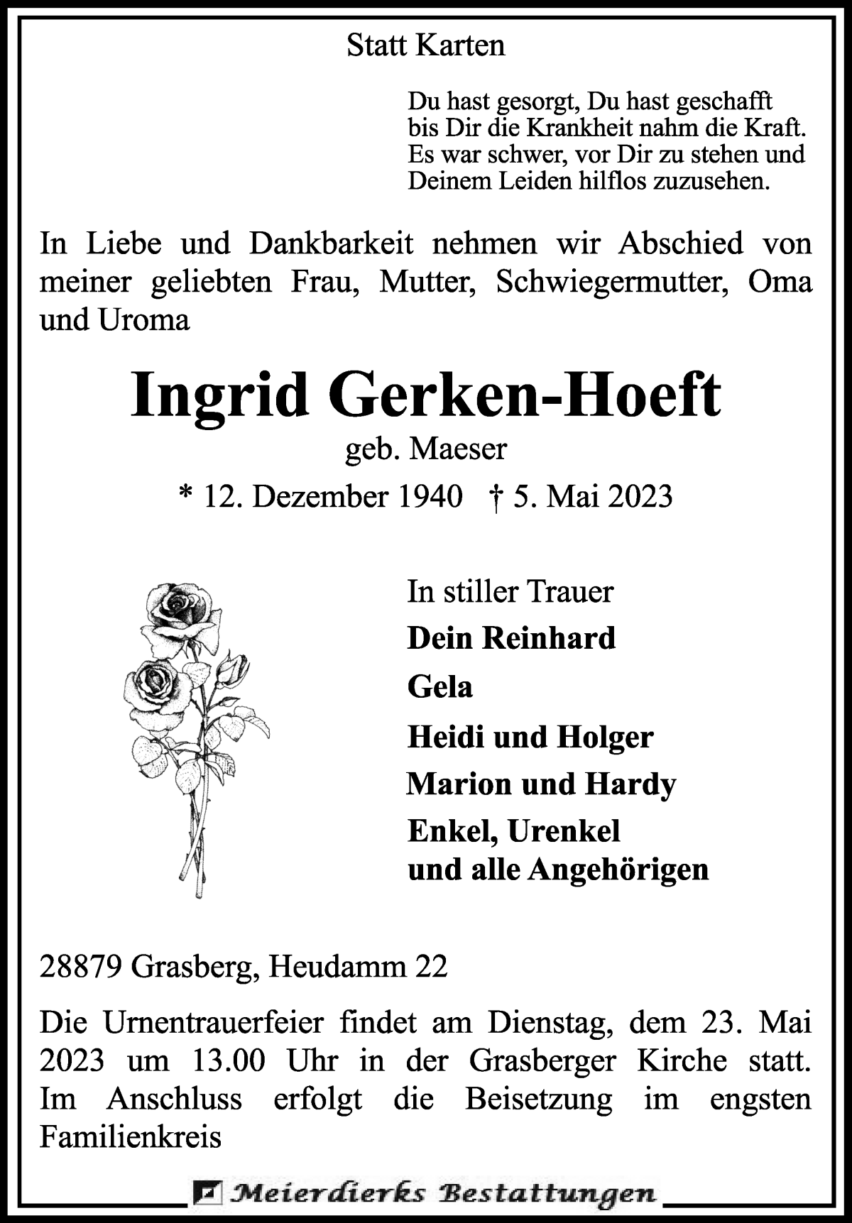  Traueranzeige für Ingrid Gerken-Hoeft vom 13.05.2023 aus Wuemme Zeitung