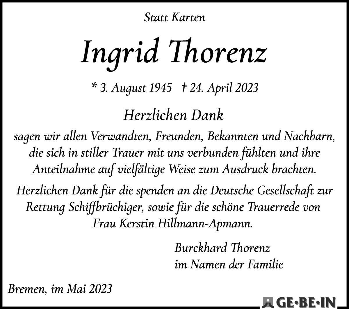 Traueranzeige von Ingrid Thorenz von WESER-KURIER