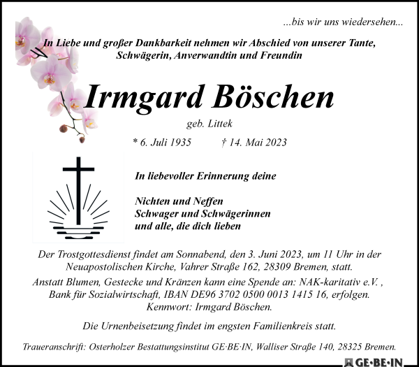 Traueranzeige von Irmgard Böschen von WESER-KURIER