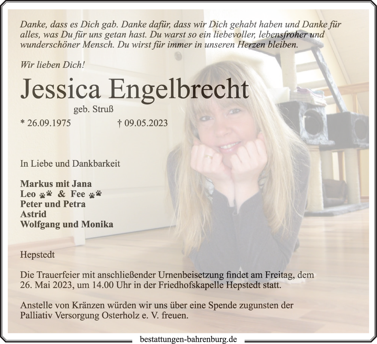  Traueranzeige für Jessica Engelbrecht vom 20.05.2023 aus Wuemme Zeitung
