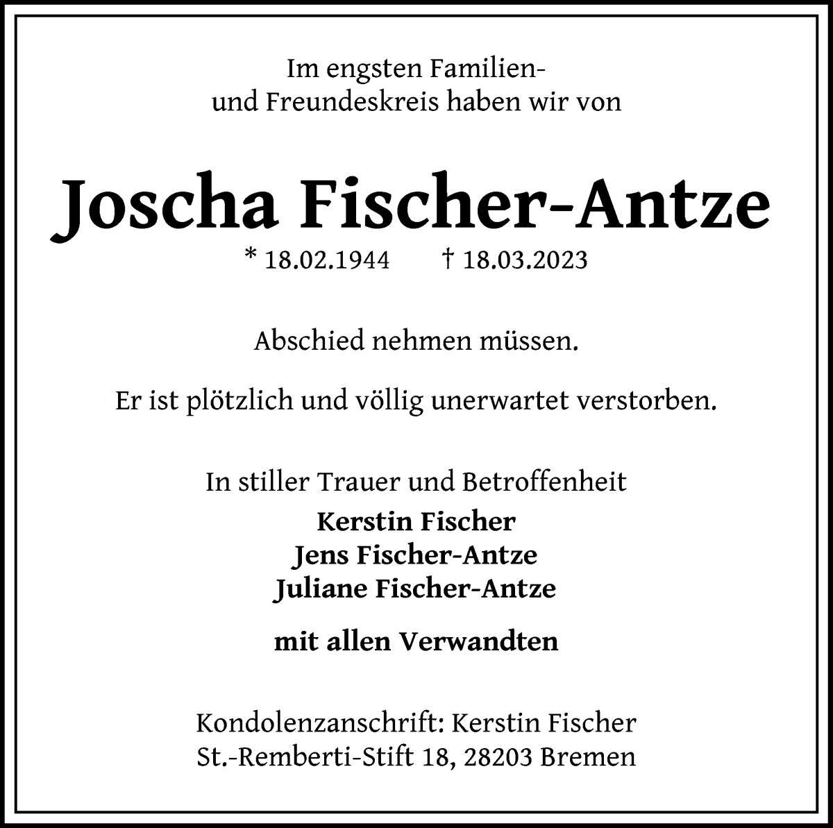  Traueranzeige für Joscha Fischer-Antze vom 06.05.2023 aus WESER-KURIER