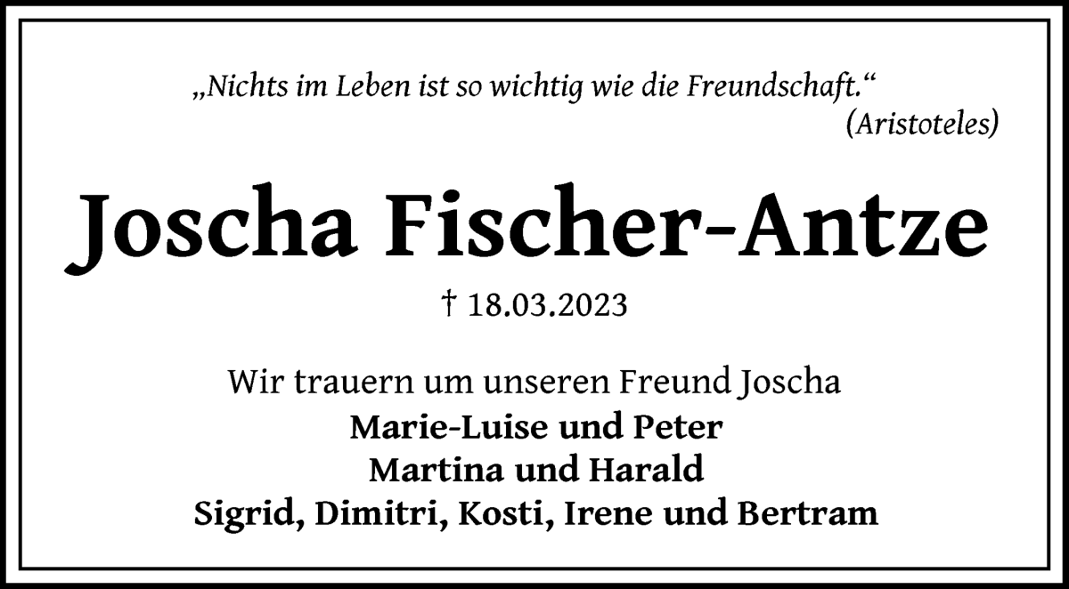  Traueranzeige für Joscha Fischer-Antze vom 06.05.2023 aus WESER-KURIER