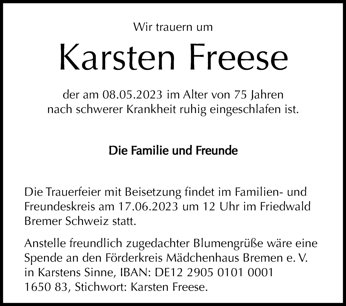  Traueranzeige für Karsten Freese vom 27.05.2023 aus WESER-KURIER