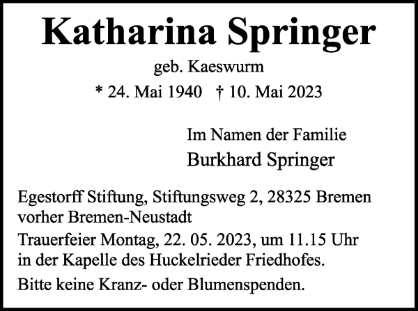 Traueranzeigen Von Katharina Springer | Trauer & Gedenken