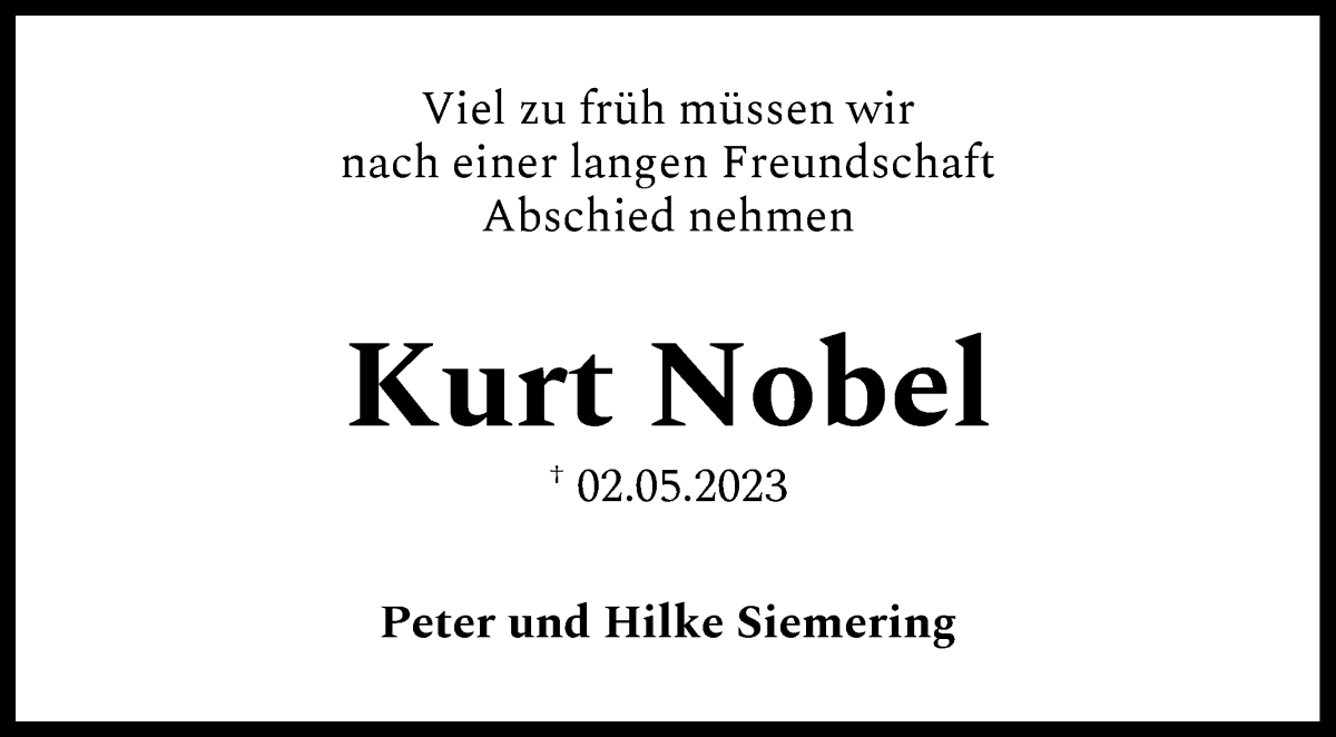  Traueranzeige für Kurt Nobel vom 06.05.2023 aus WESER-KURIER