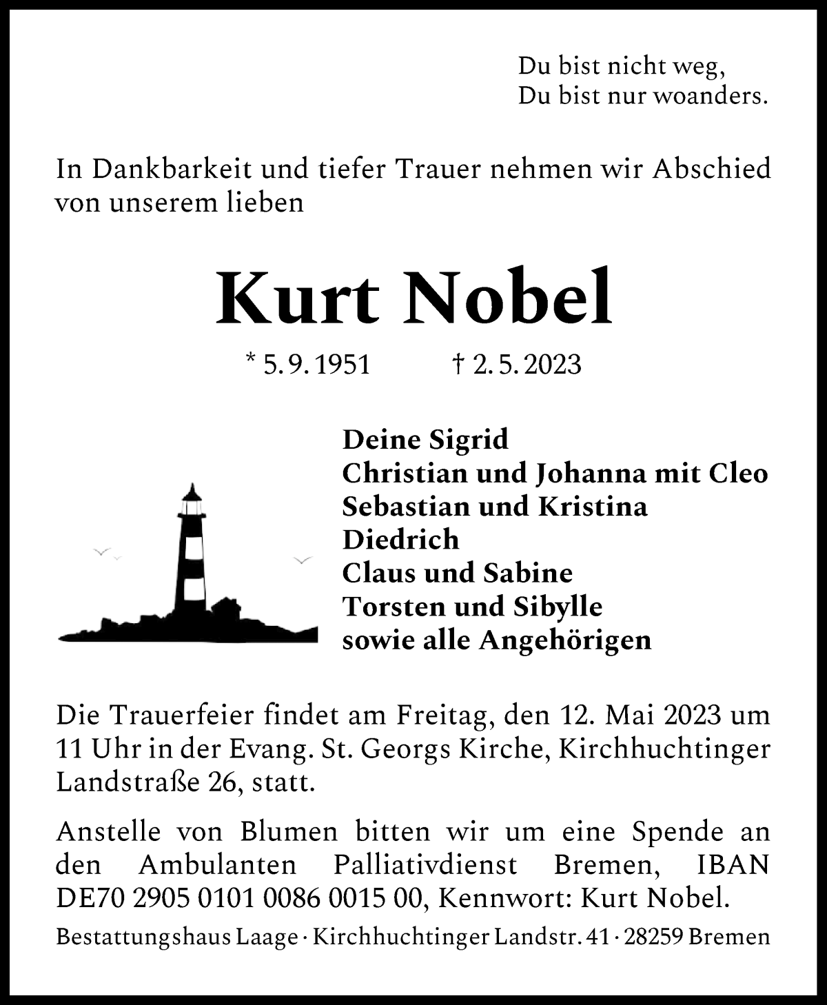  Traueranzeige für Kurt Nobel vom 06.05.2023 aus WESER-KURIER