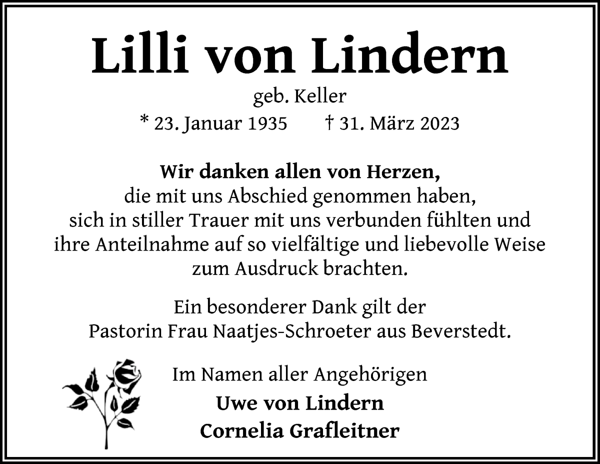 Traueranzeige von Lilli von Lindern von Die Norddeutsche