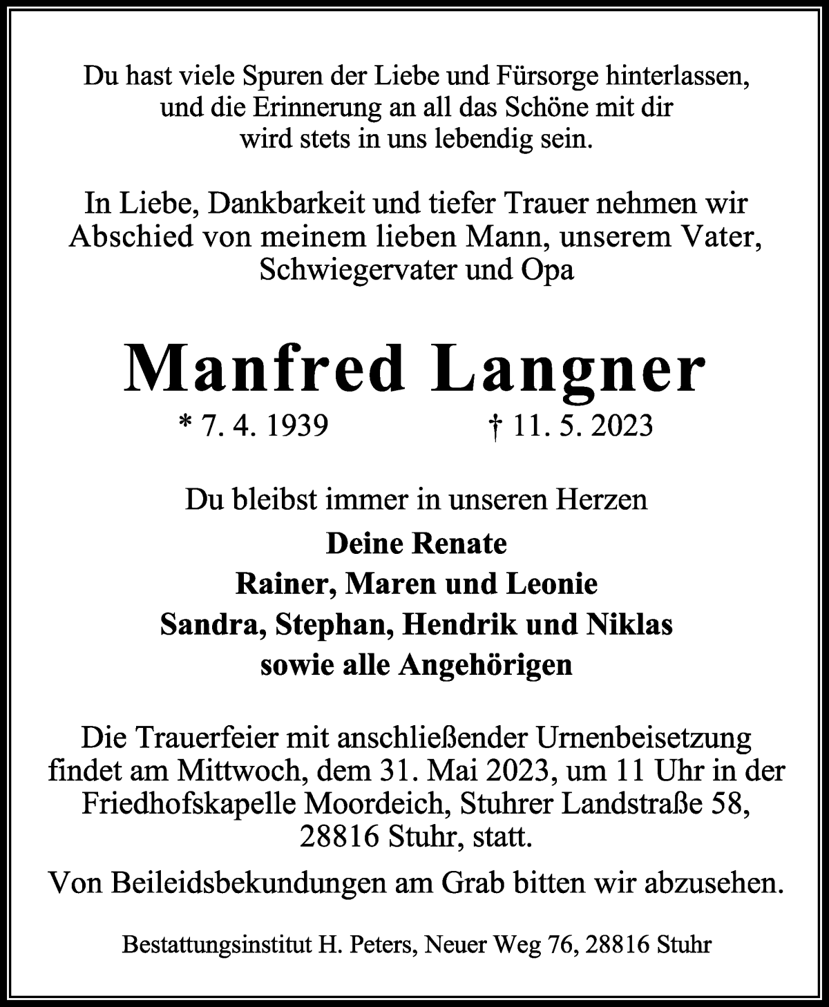  Traueranzeige für Manfred Langner vom 17.05.2023 aus Regionale Rundschau/Syker Kurier