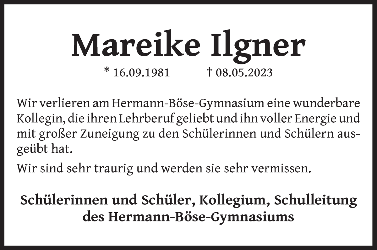  Traueranzeige für Mareike Ilgner vom 13.05.2023 aus WESER-KURIER