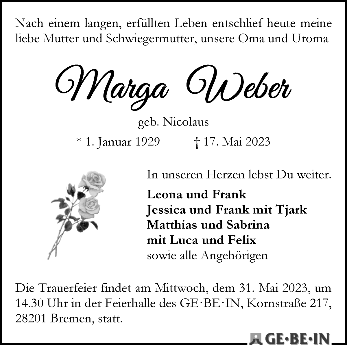  Traueranzeige für Marga Weber vom 24.05.2023 aus WESER-KURIER