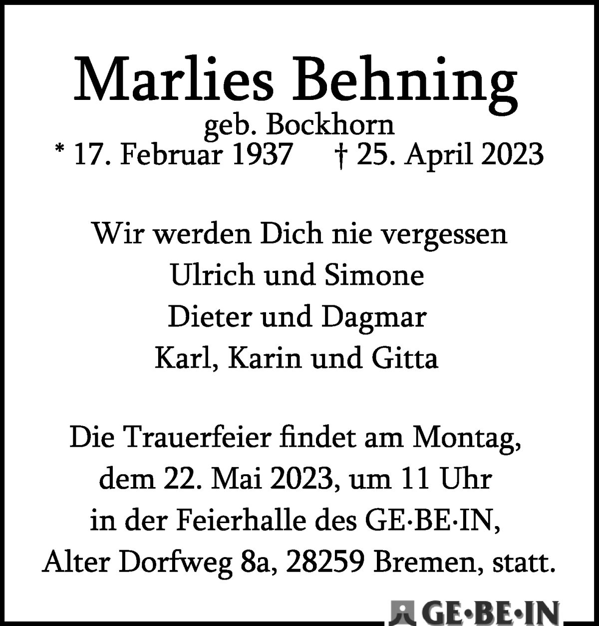 Traueranzeige von Marlies Behning von WESER-KURIER