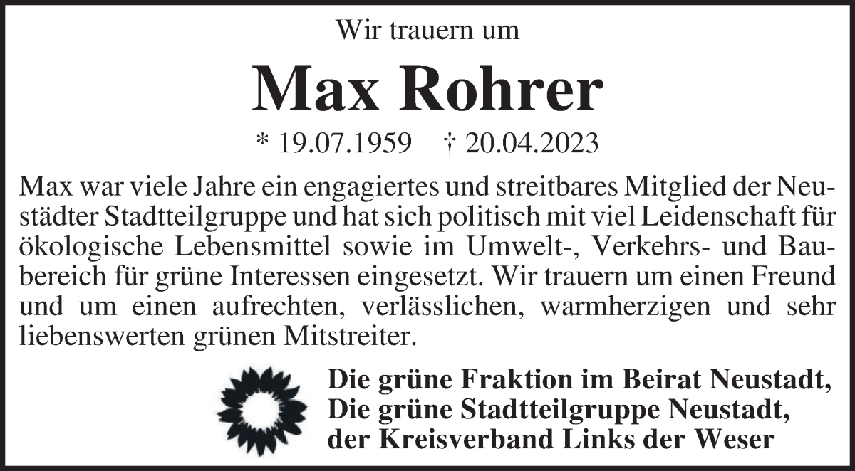  Traueranzeige für Max Rohrer vom 06.05.2023 aus WESER-KURIER