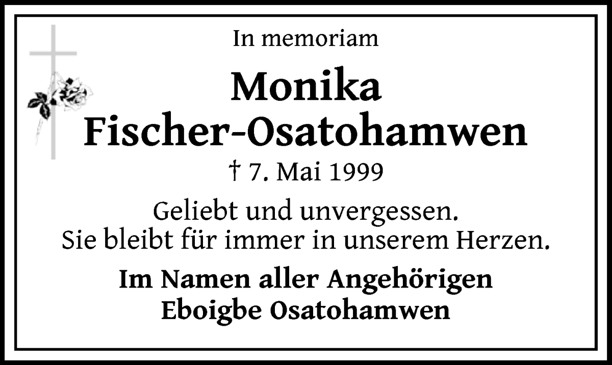 Traueranzeige von Monika Fischer-Osatohamwen von WESER-KURIER