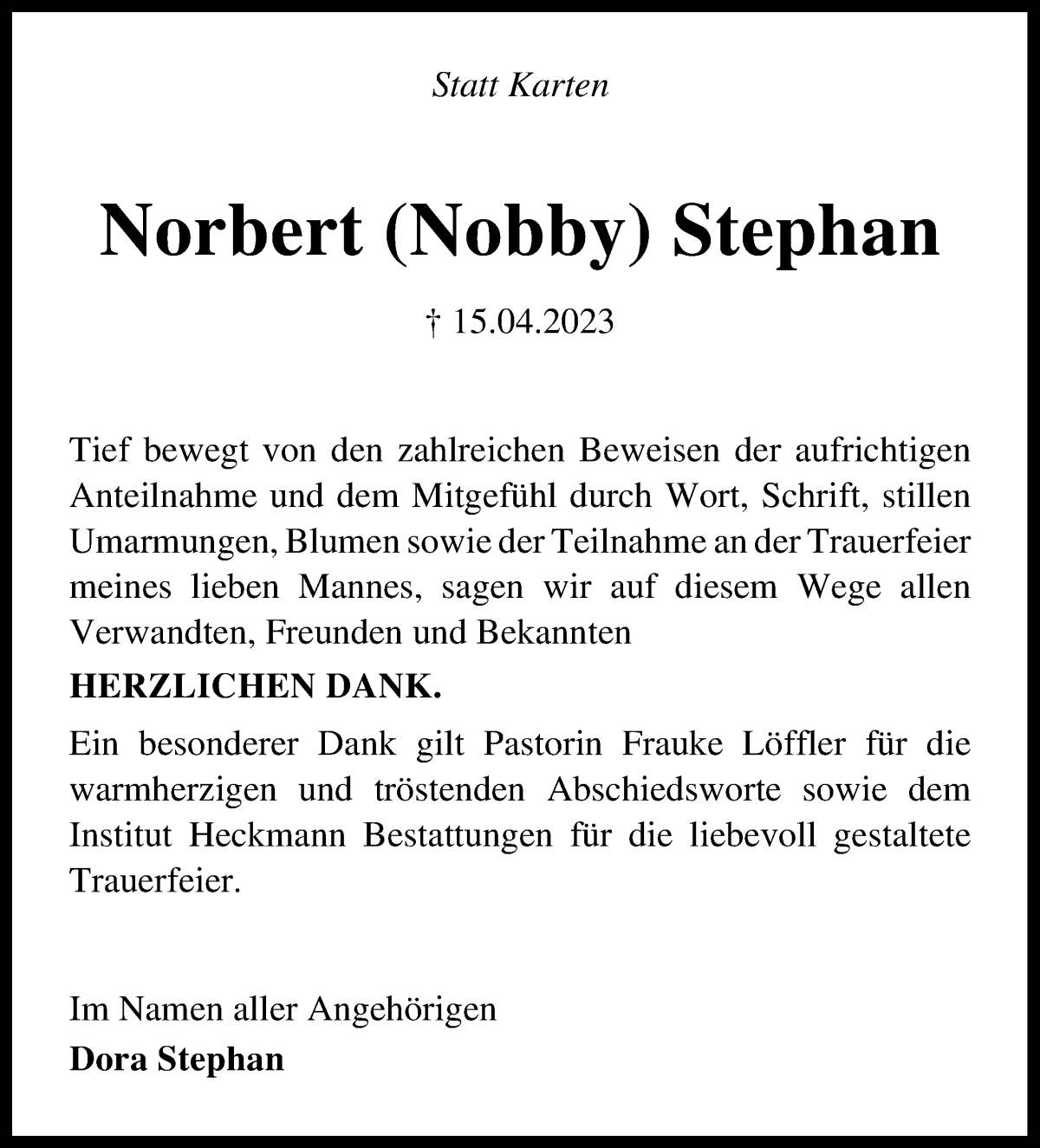 Traueranzeige von Norbert (Nobby) Stephan von Die Norddeutsche