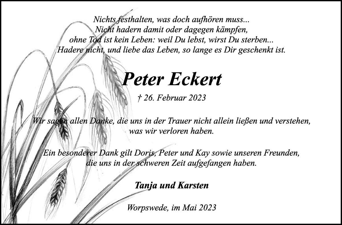 Traueranzeige von Peter Eckert von Wuemme Zeitung