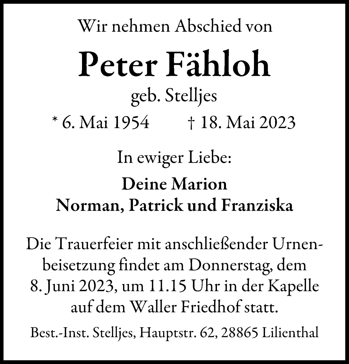  Traueranzeige für Peter Fähloh vom 26.05.2023 aus WESER-KURIER