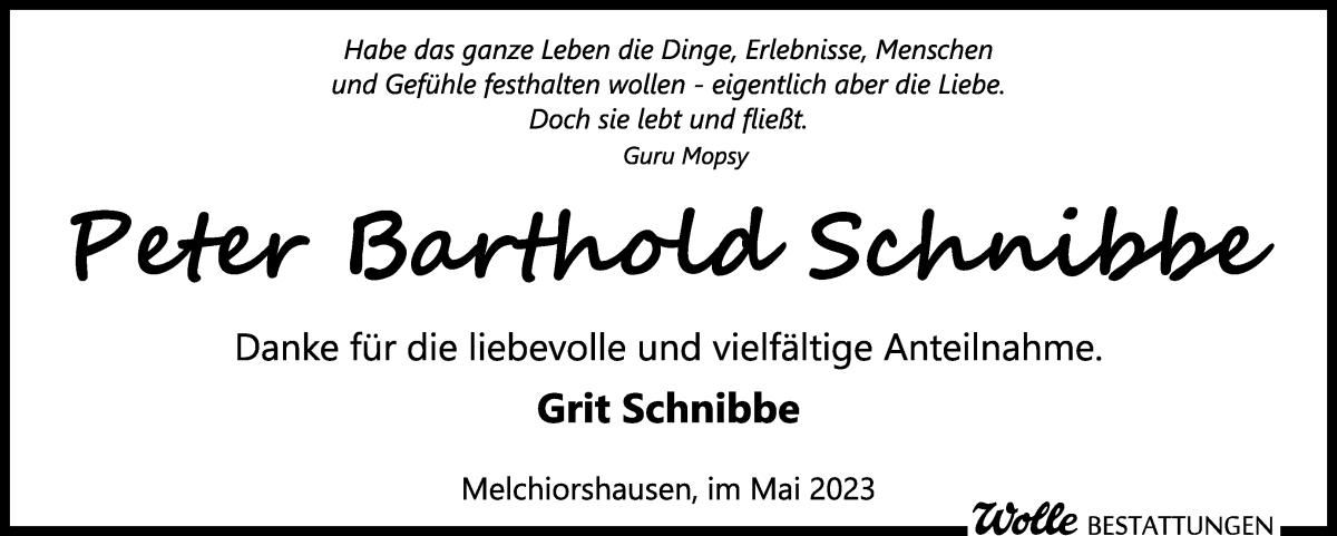  Traueranzeige für Peter Barthold Schnibbe vom 13.05.2023 aus WESER-KURIER