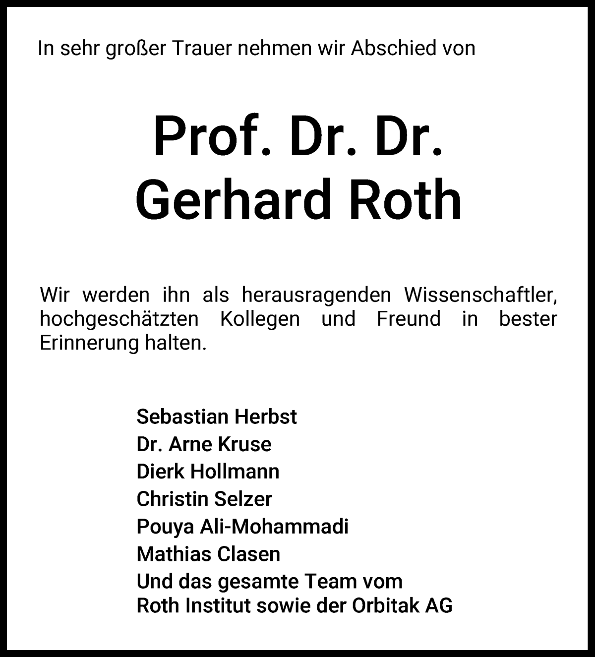 Traueranzeige von Prof. Dr. Dr. Gerhard Roth von WESER-KURIER