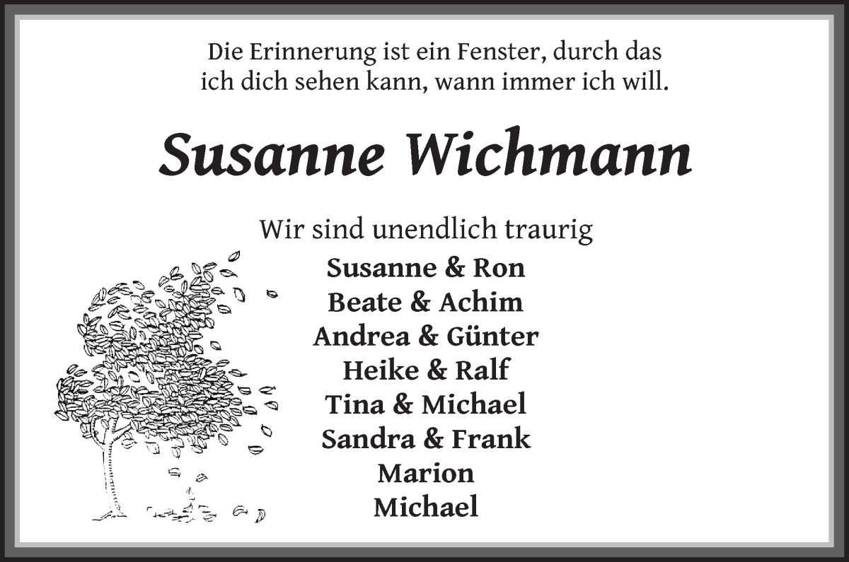  Traueranzeige für Susanne Wichmann vom 13.05.2023 aus WESER-KURIER