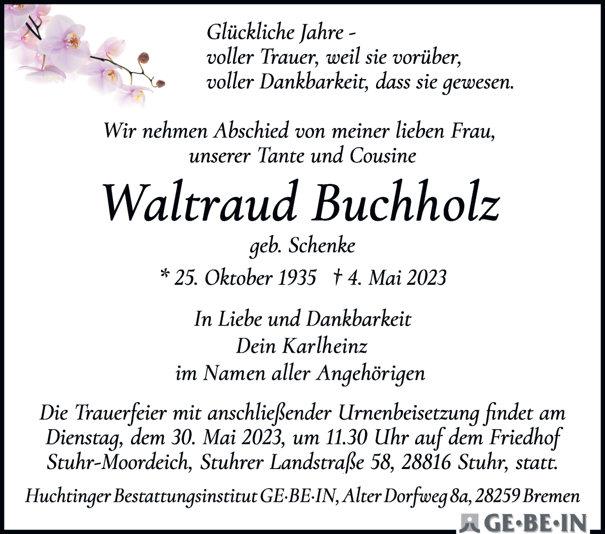 Traueranzeige von Waltraud Buchholz von WESER-KURIER