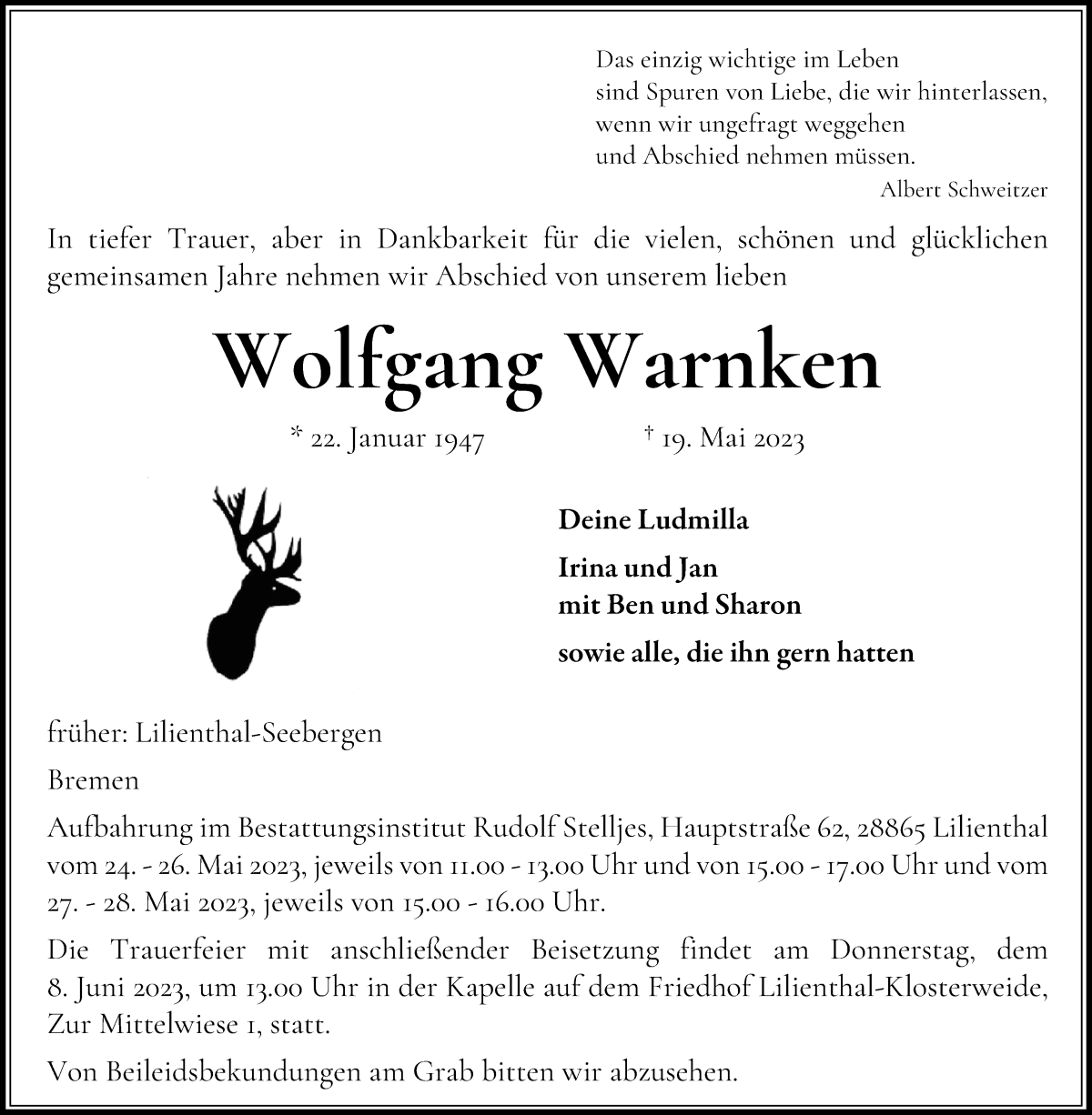  Traueranzeige für Wolfgang Warnken vom 24.05.2023 aus Wuemme Zeitung