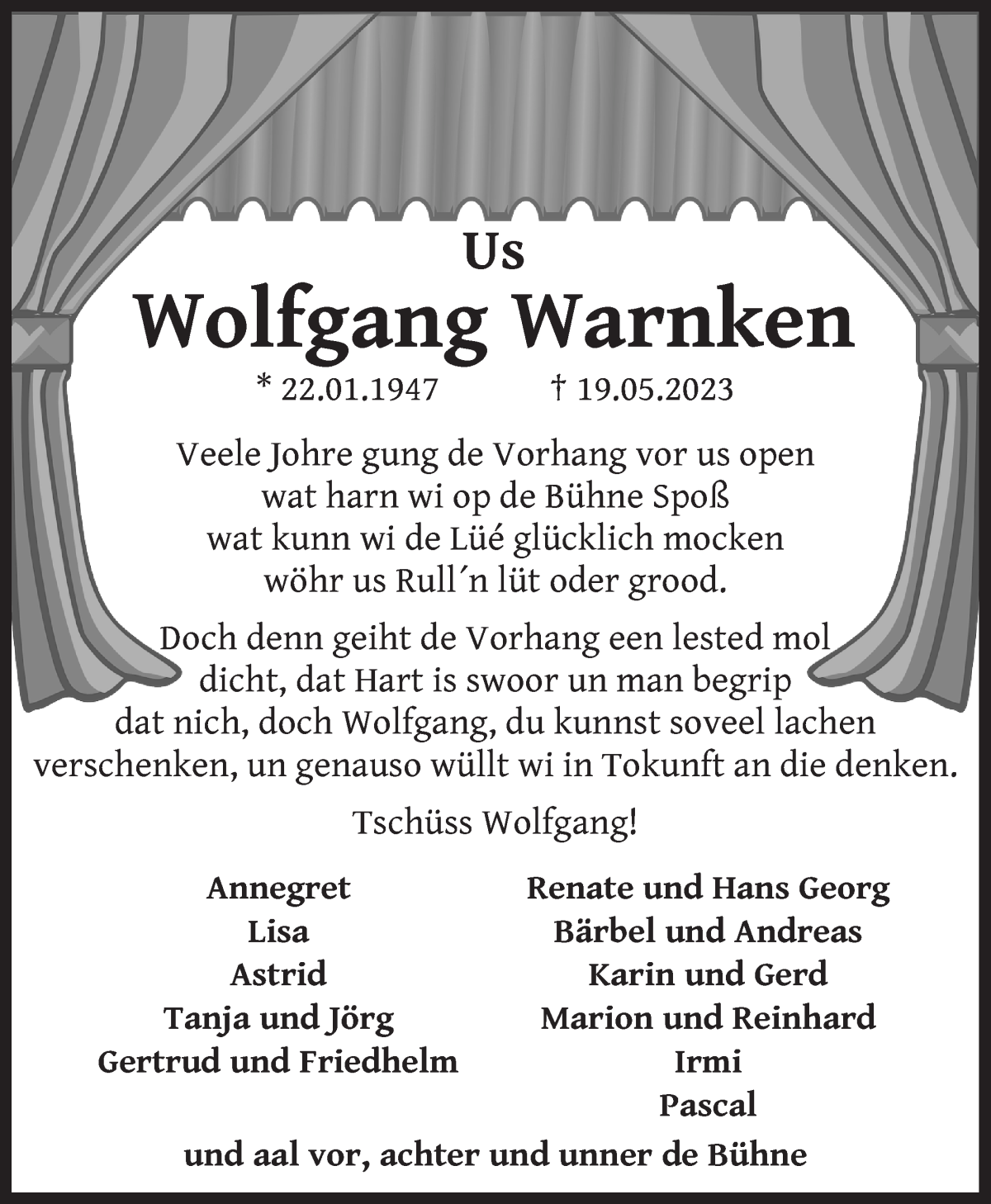  Traueranzeige für Wolfgang Warnken vom 27.05.2023 aus Wuemme Zeitung