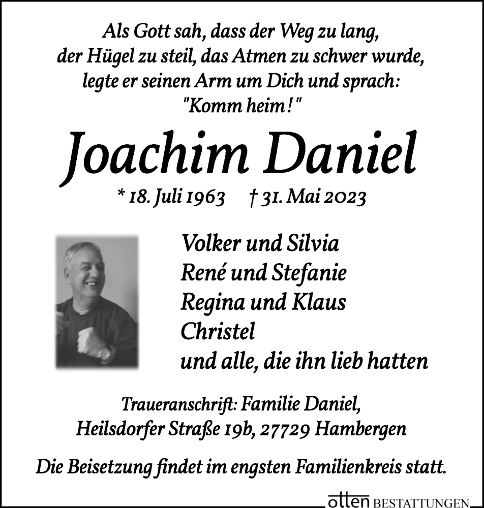  Traueranzeige für Joachim Daniel vom 05.06.2023 aus Osterholzer Kreisblatt