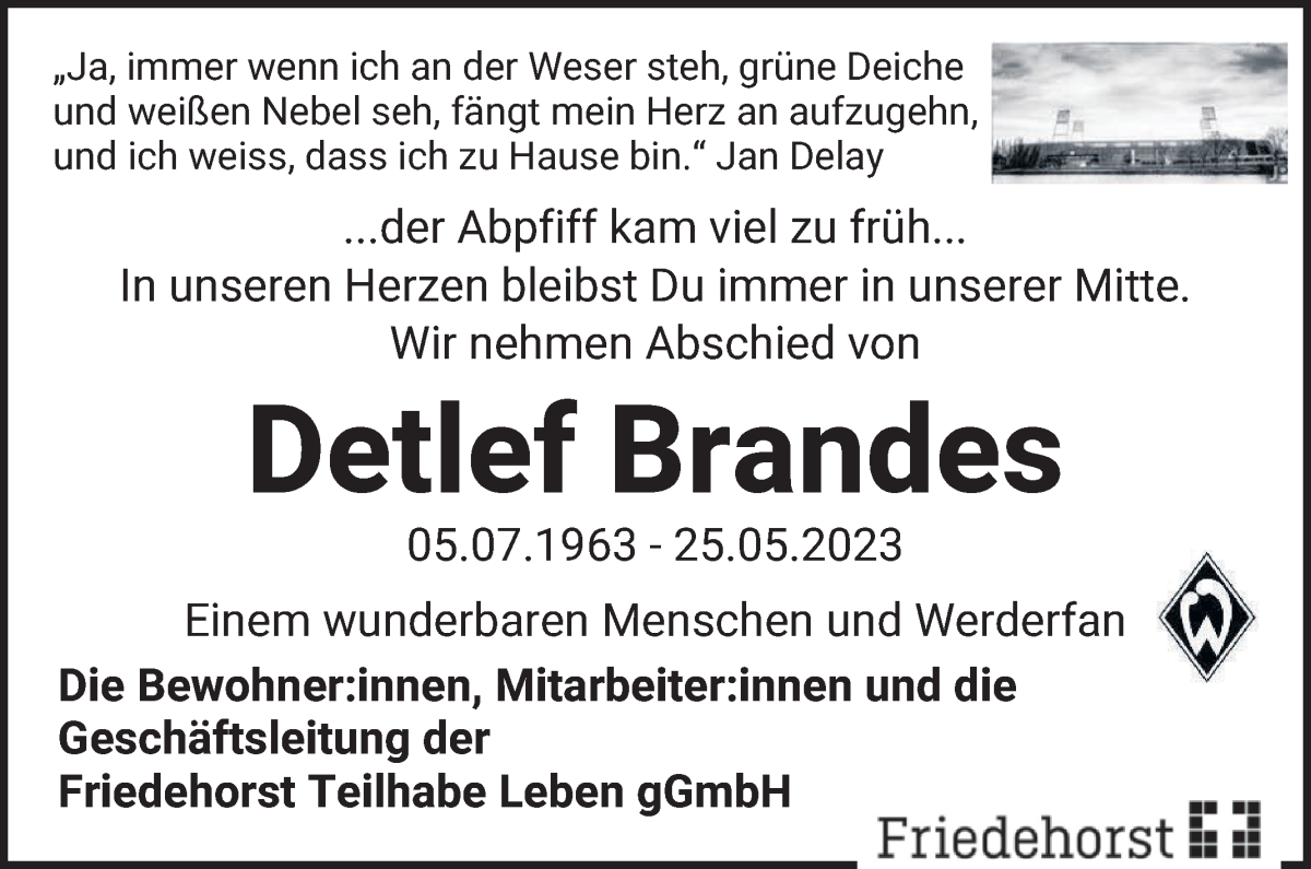 Traueranzeige für Detlef Brandes vom 03.06.2023 aus WESER-KURIER