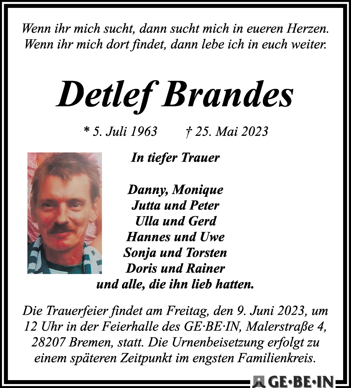  Traueranzeige für Detlef Brandes vom 03.06.2023 aus WESER-KURIER