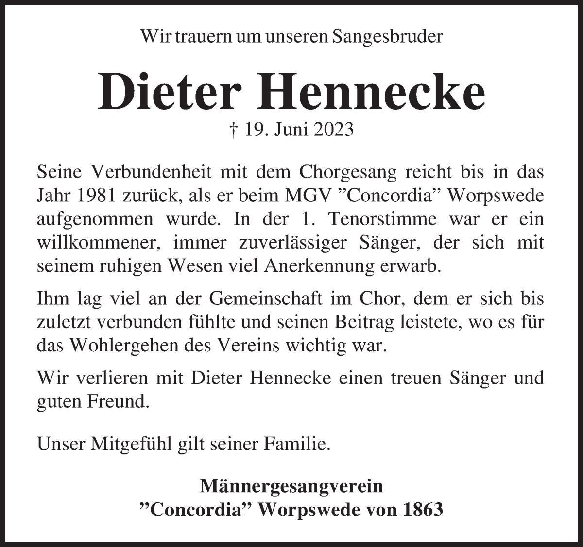 Traueranzeige von Dieter Hennecke von Wuemme Zeitung