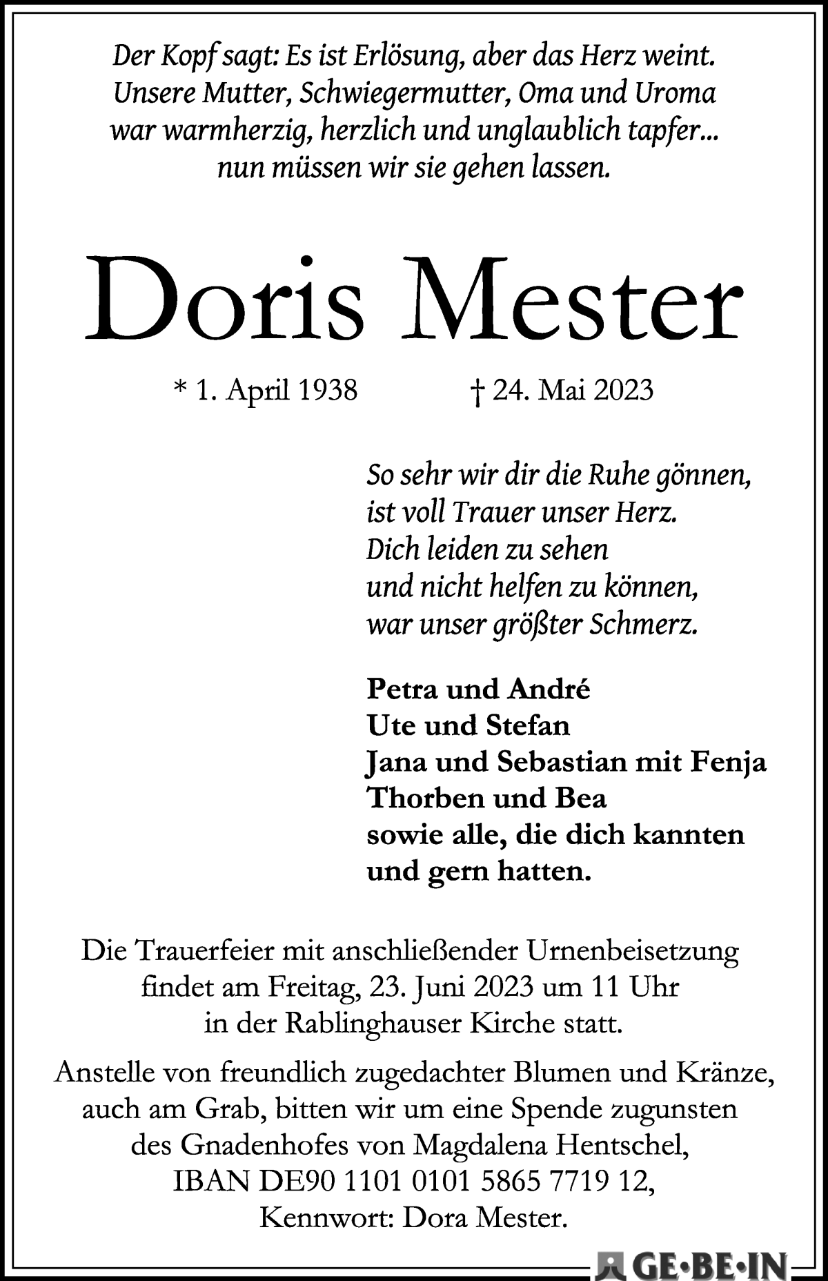 Traueranzeige von Doris Mester von WESER-KURIER