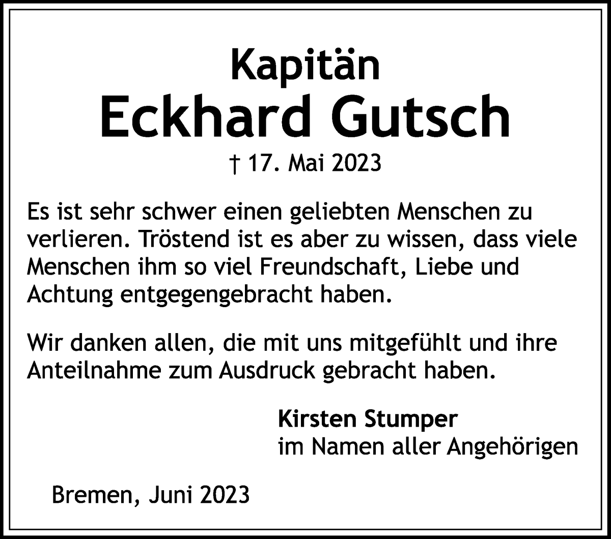 Traueranzeige von Eckhard Gutsch von WESER-KURIER