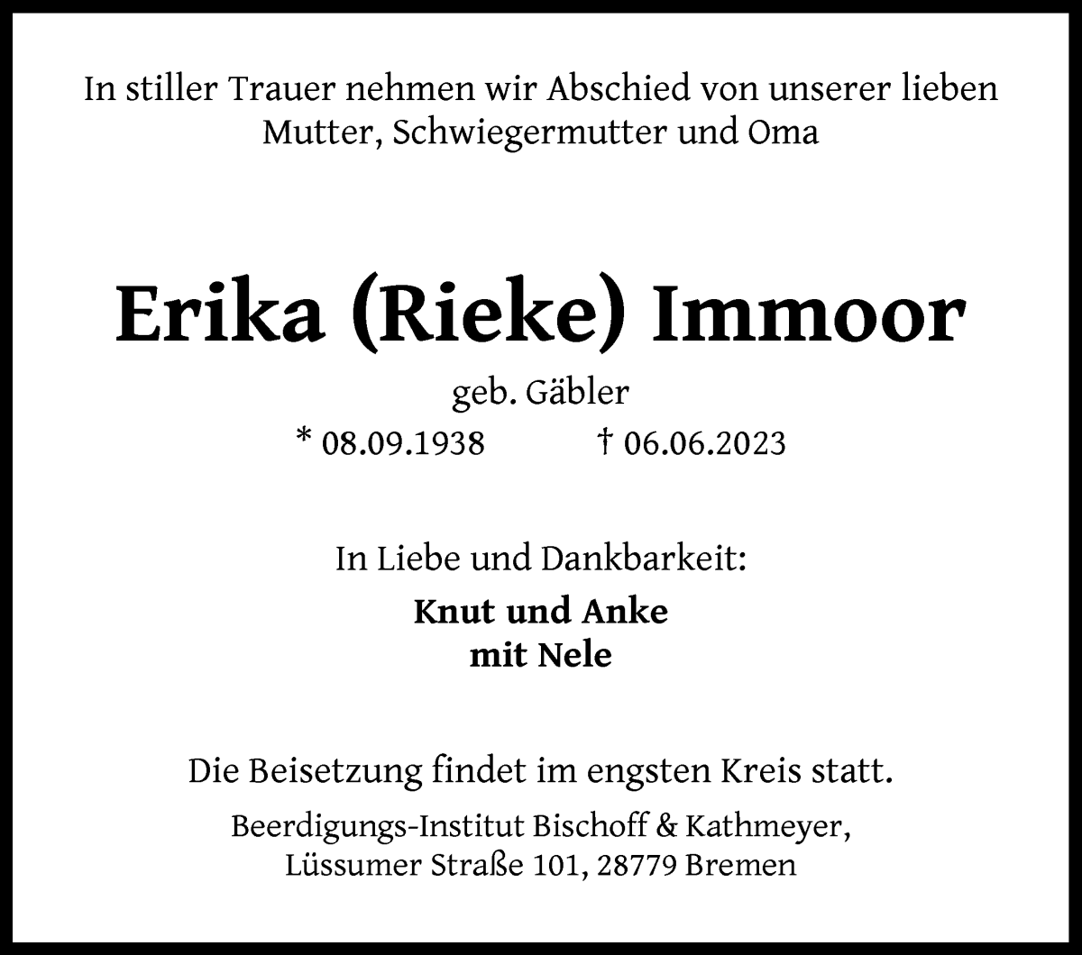 Traueranzeige von Erika Immoor von Die Norddeutsche