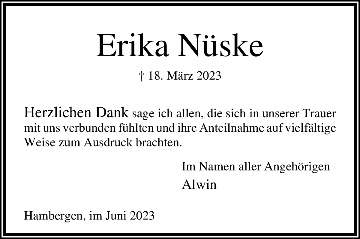  Traueranzeige für Erika Nüske vom 03.06.2023 aus Osterholzer Kreisblatt