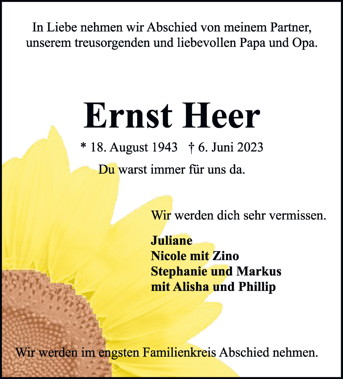 Traueranzeige von Ernst Heer von Wuemme Zeitung