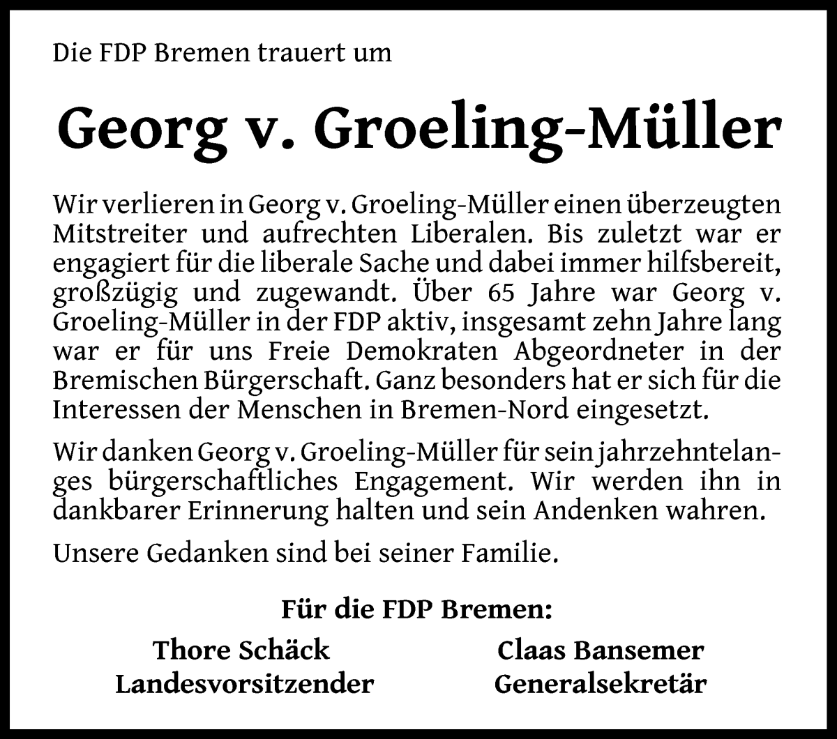  Traueranzeige für Georg von Groeling-Müller vom 03.06.2023 aus Die Norddeutsche