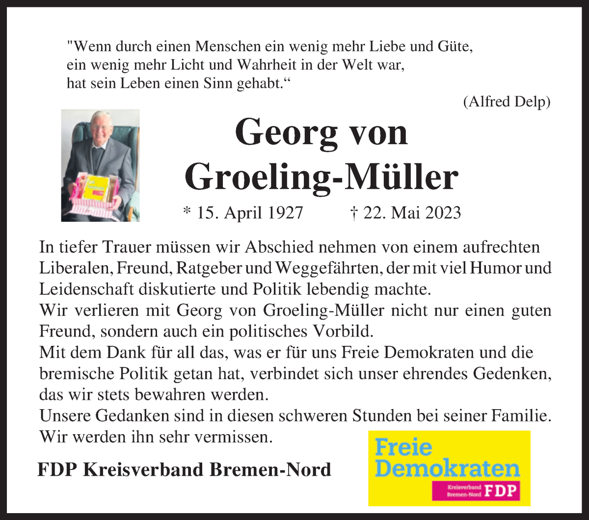  Traueranzeige für Georg von Groeling-Müller vom 03.06.2023 aus Die Norddeutsche